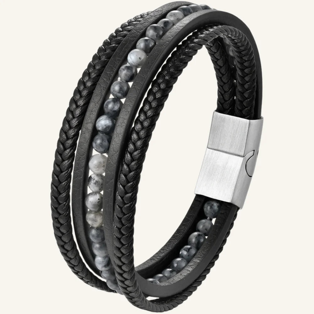 produit bracelet cuir homme multi-rangs et pierres naturelles Image