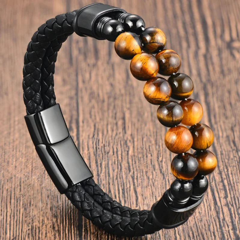 produit bracelet cuir double et pierres œil de tigre Image
