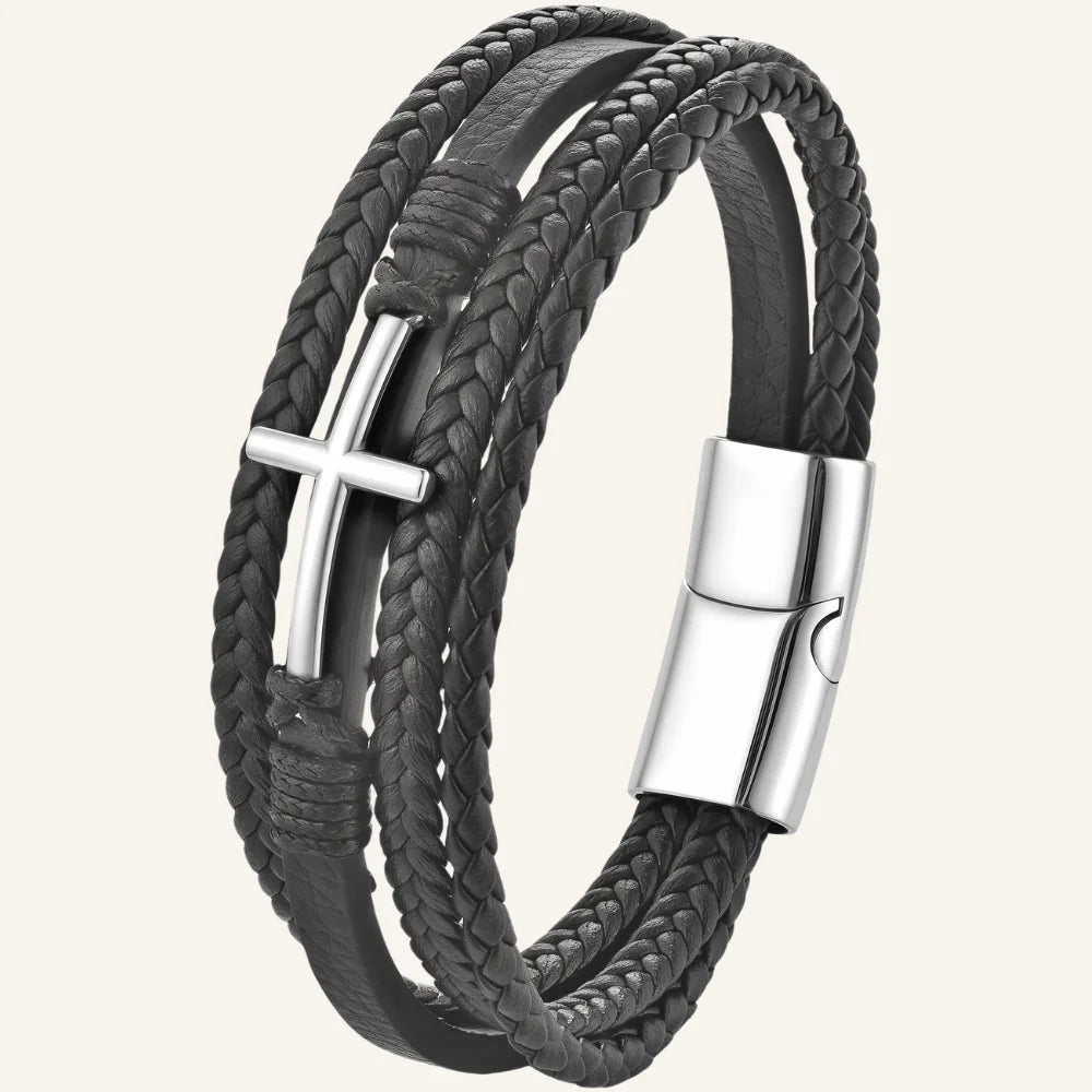 produit bracelet en cuir et acier multi-rangs croix Image