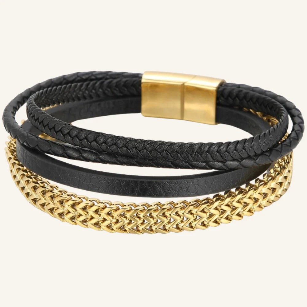 produit bracelet cuir multi-rangs et chaine en acier Image