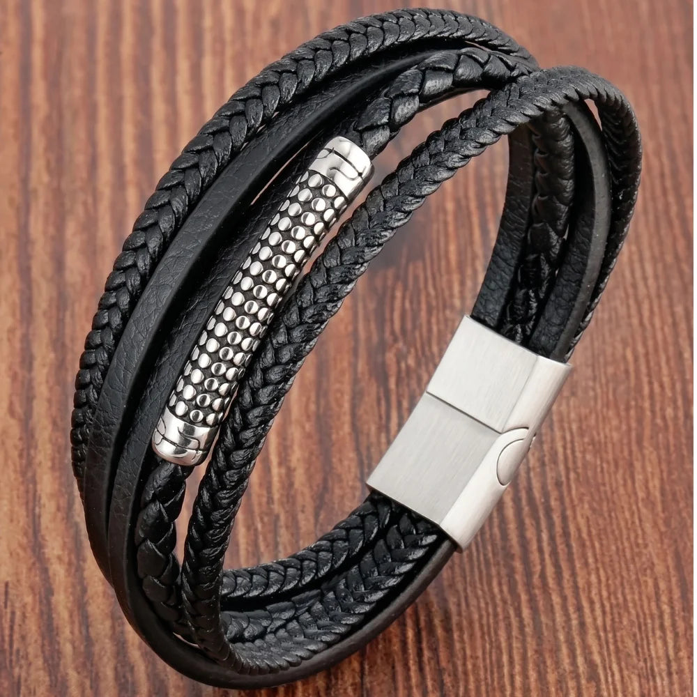 produit bracelet multi-rangs acier et cuir Image
